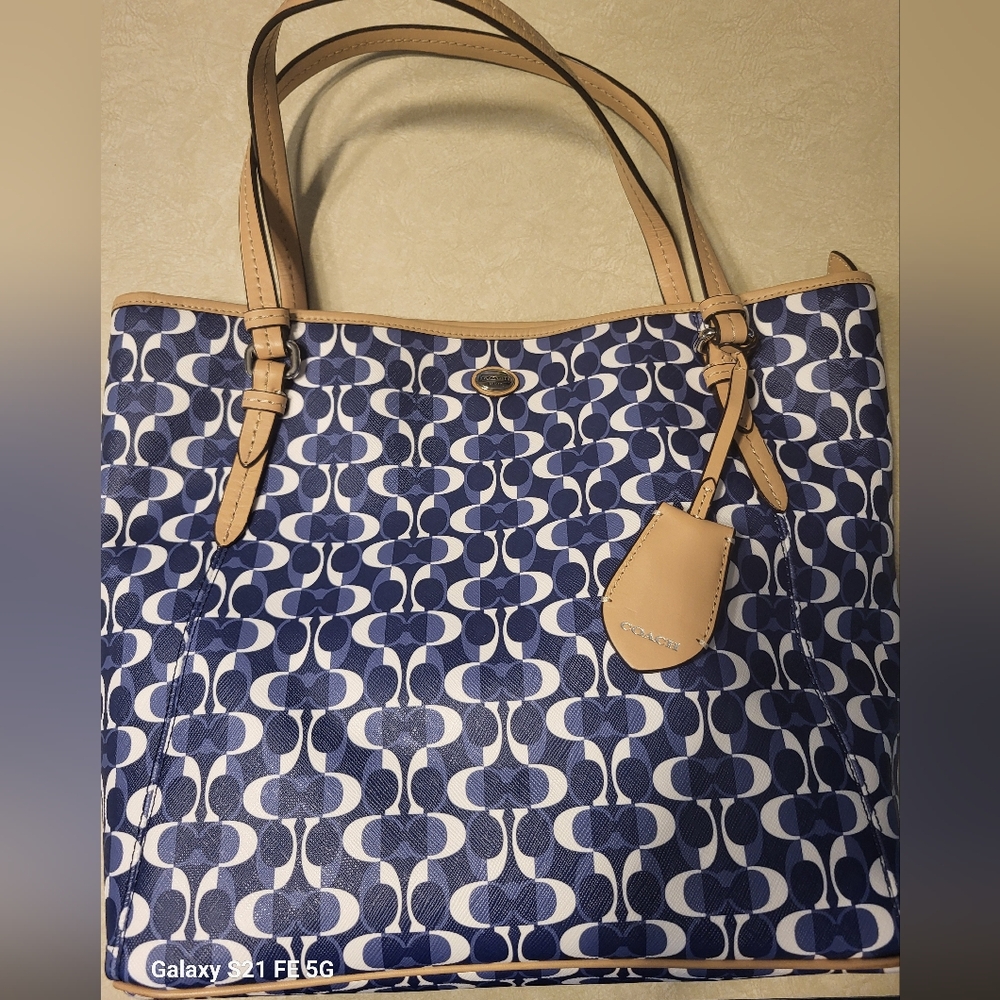 Coach Blue and Tan Signature Tote Bag